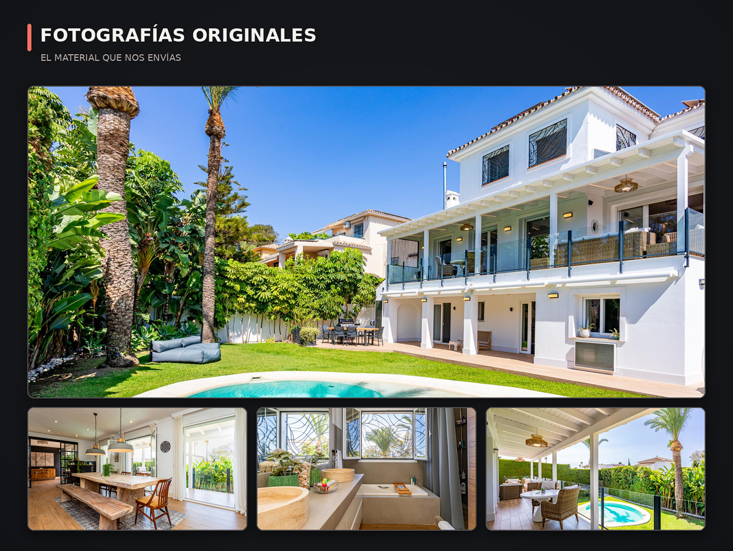 Fotografías originales de una villa que nos envió la agencia: fachada con piscina, comedor, baño y terraza